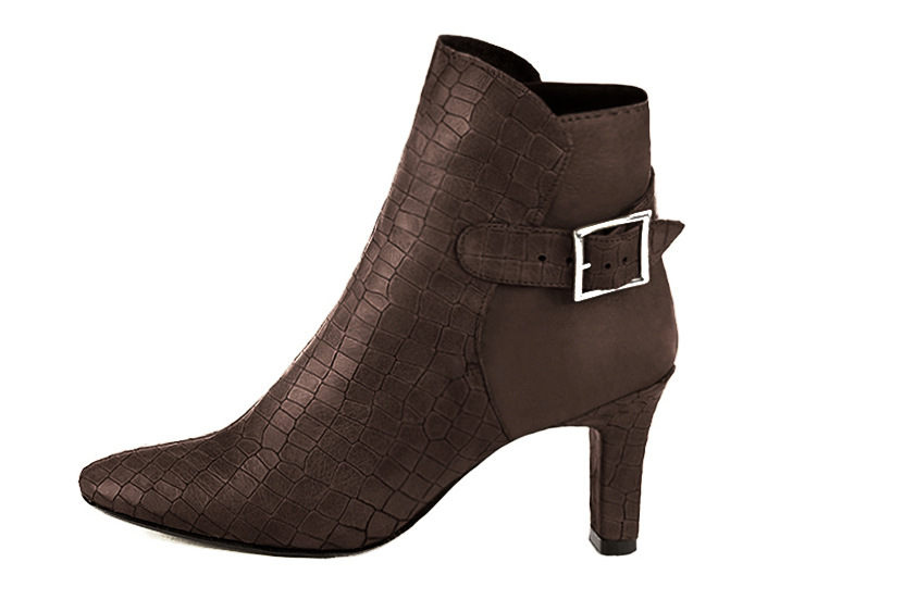 Dark brown women's ankle boots with buckles at the back. Round toe. High kitten heels. Profile view - Florence KOOIJMAN